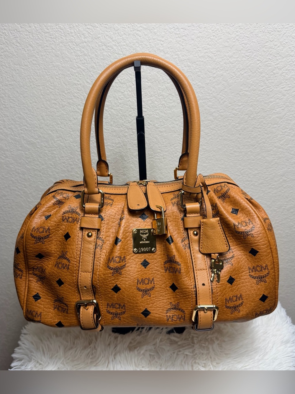 MCM Cognac Logo Visetos Dome Satchel with Gold Hardware Lock & Keys